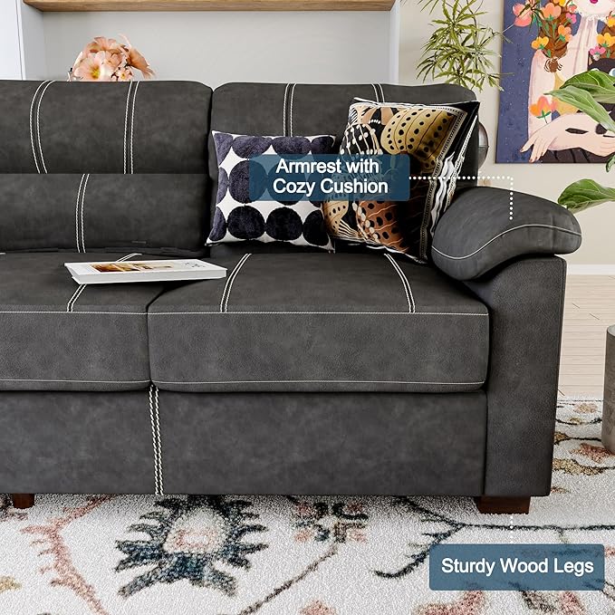 80 Inch Dark Grey Faux Leather Sofa Couch - Wide Armrests with 2 Pillows, Deep Seats, Contrast Stitching, 3 Seater Leather Couches for Living Room, Bedroom, Apartment