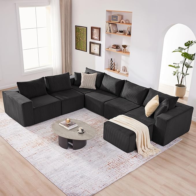 Cloud Couch Sectional, Modular Sofa with Deep Seat, Convertible Sectional Couches for Living Room, Plush Corduroy U Shaped Boneless Couch (Black, 6 Seater & 1 Ottoman)