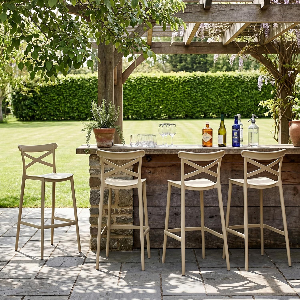30" Plastic Outdoor Bar Stools Set of 8, Stackable, Camel