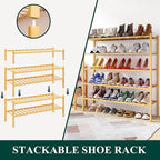 Smiry Shoe Rack, 2 Tier Long Bamboo Shoe Organizer, Stackable Free Standing Wooden Shoe Storage Shelf for Closet, Entryway, Front Door Entrance, Natural