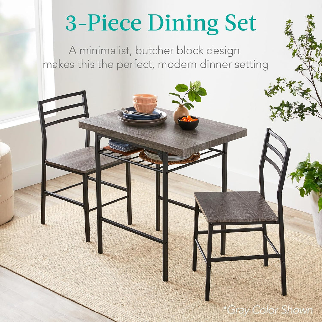 Best Choice Products 3-Piece Modern Dining Set, Space Saving Dinette for Kitchen, Dining Room, Small Space w/Steel Frame, Built-in Storage Rack - Natural/Black