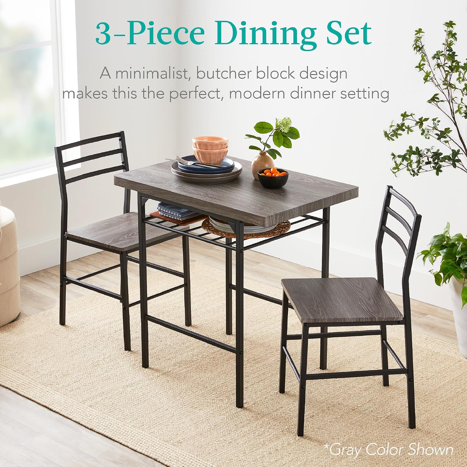 Best Choice Products 3-Piece Modern Dining Set, Space Saving Dinette for Kitchen, Dining Room, Small Space w/Steel Frame, Built-in Storage Rack - Natural/Black