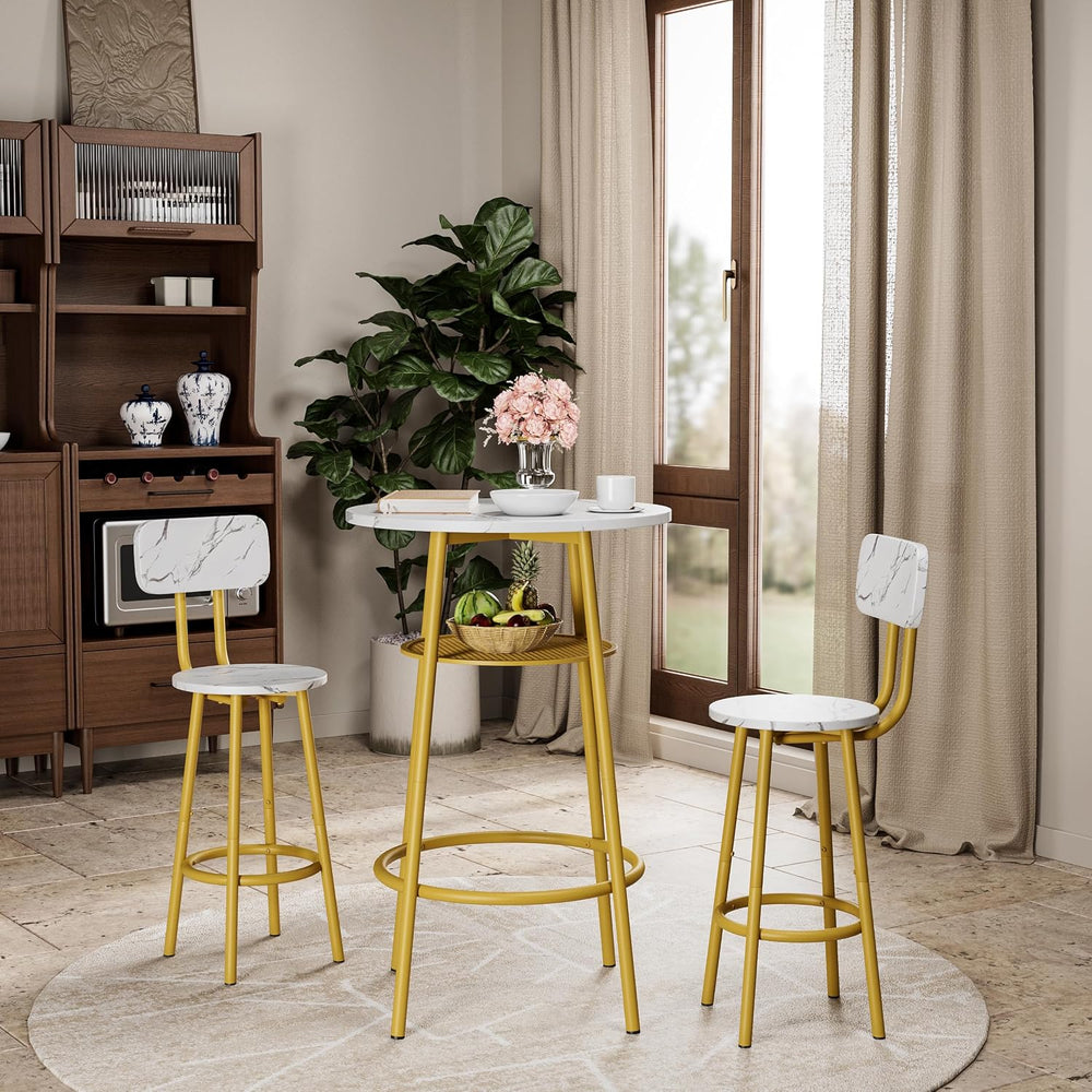 3 Pieces Round Bar Table Set, Small Dining Table for 2 Faux Marble Tabletop |...