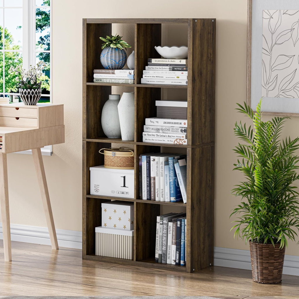 Cube Storage Organizer Bookcase, Decorative 11 inch Open Back Cubical Shelf with Thickened Border, Display Bookshelf for Living Room, Home Office, Sturdy Room (Brown, 8 Cube)