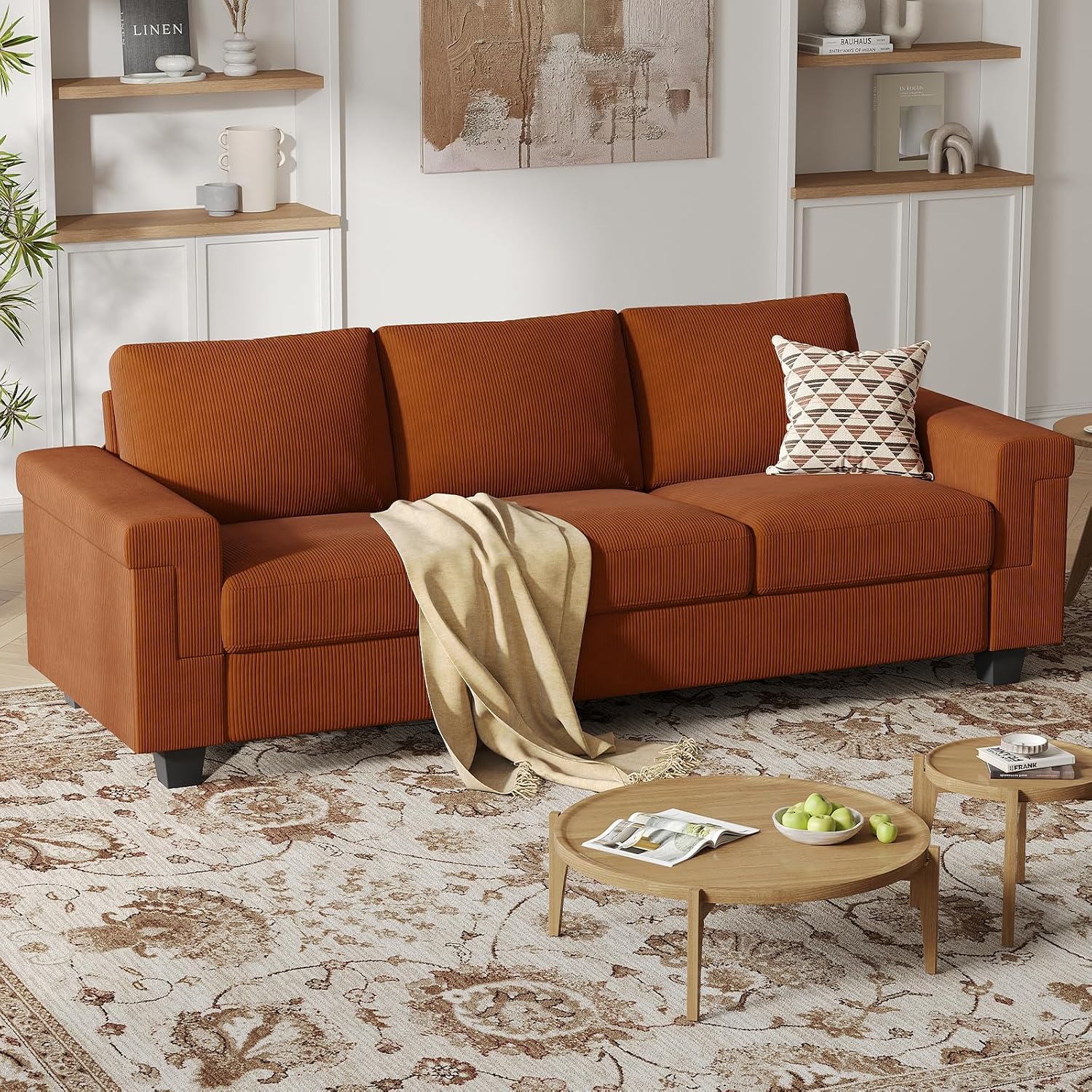 COPIAE 3 Seater Sofa Couch with Deep Seat, 90" Modern Upholstered Sofa with Armrests, Easy Installation, Comfy Couches for Living Room, Apartment,Rust