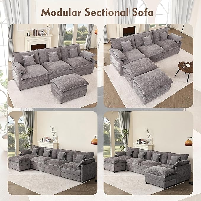 142.5" U Shaped Couch, Modular Sectional Sofa, 3-Seater Comfy Cloud Couch, Set of Modular Pieces with Movable Ottoman, Deep Seat Couches for Living Room, Chenille, Slate