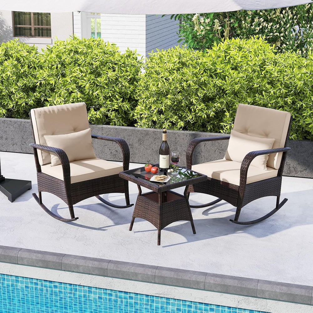 ORALNER 3 Pieces Outdoor Wicker Rocking Chair, Patio Furniture Set (Beige)