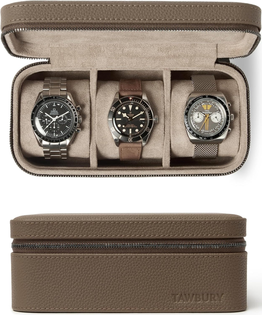 TAWBURY Luxury Leather Watch Box Unisex – Mens Travel Watch Case Zipper Closure | Taupe Top-Grain Genuine Leather Watch Travel Roll | Real Leather Watch Boxes for Men Travel | 3 Watch Carrying Case