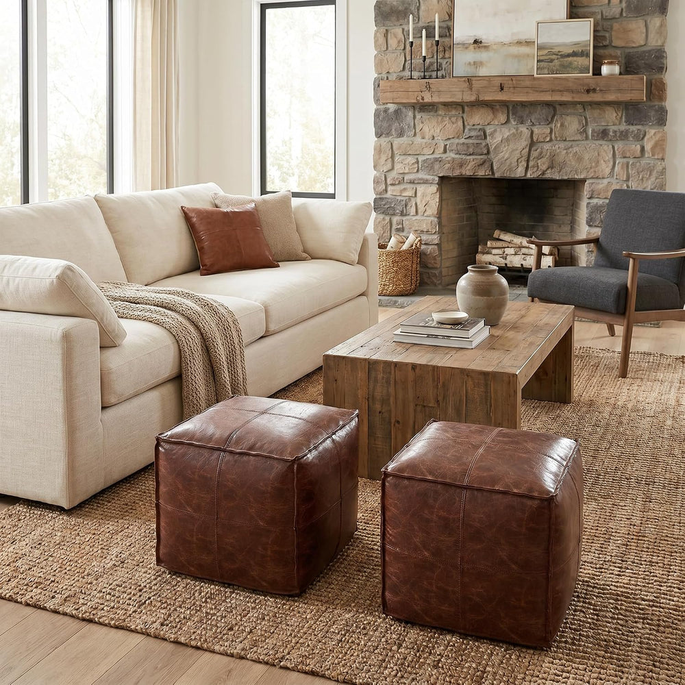 SIMPLIHOME Sheffield 18" Wide Square Genuine Leather Pouf in Brown | Dis...