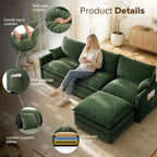 108 Inch Cloud Couch Sectional, Modular Sectional Sofa with Ottoman, Green | L Shaped Sectional Couches for Living Room, Apartment, Comfy Corduroy Cloud Sofa with Throw Pillows, Modern 4 Seater Couch