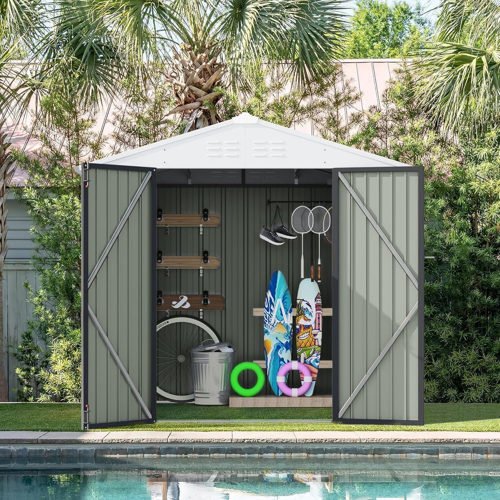 Furniwell 6x8 FT Outdoor Storage Shed, Metal Garden Sheds Outdoor Storage House with Single Lockable Door for Backyard Patio Lawn, Gray