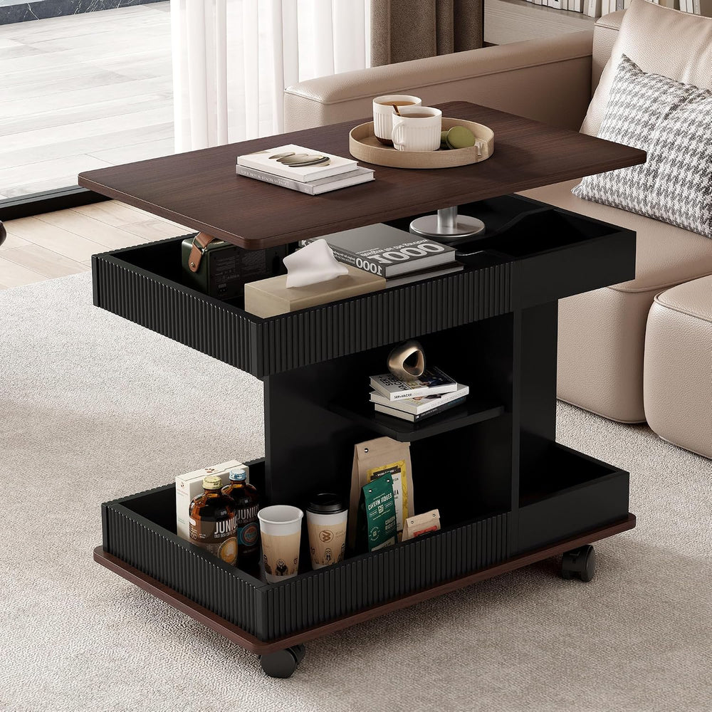 Adjustable Side Table with Wheels, 360° Rotating Lift-Top & Storage, Mode...