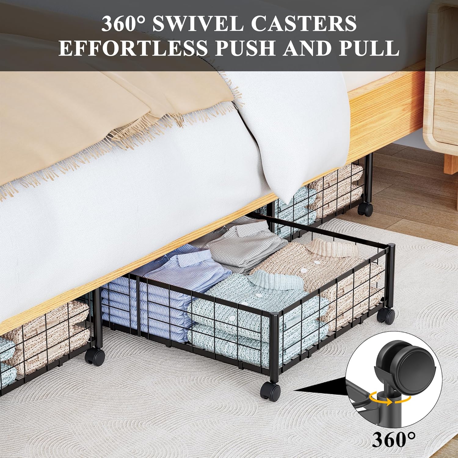 Under Bed Storage with Wheels, 360° Rotating, No-Assembly Underbed Storage Containers, 1 PACK