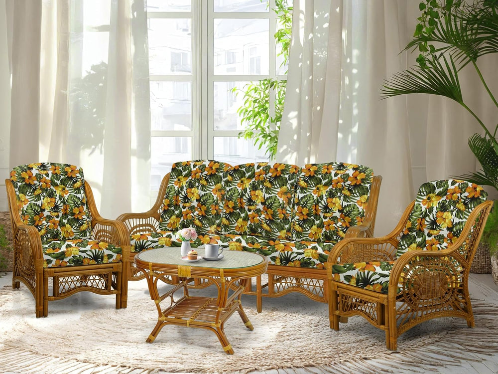 Malibu Lounge Set of 4: 2 Natural Rattan Wicker Chairs, Three-Seater Sofa wit...
