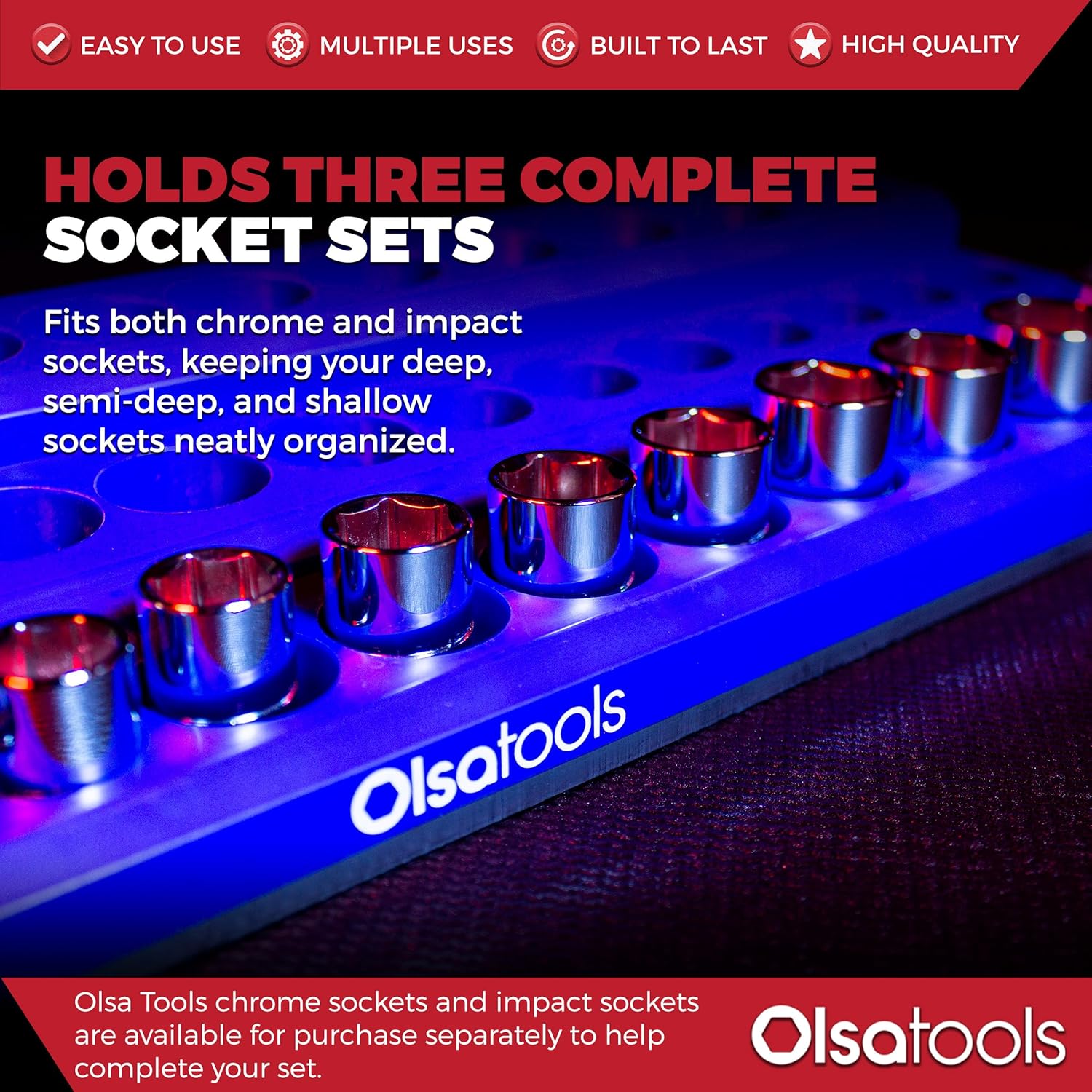 Olsa Tools Magnetic Socket Organizer (3/8-Inch Drive, 3-Row) - Magnetic Tool Organizer & Socket Holder - Tool Box Socket Organizers - Blue Blank - Holds 54 Sockets - Professional Grade - Part: 1683