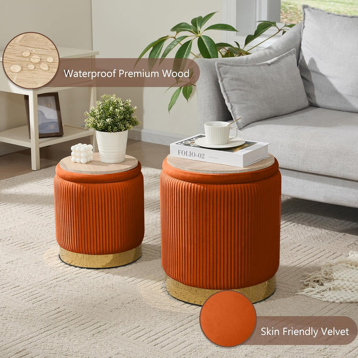 Royal Windsor Round Ottoman with Storage Set of 2, Storage Vanity Stool | Velvet Upholstered Ottoman Coffee Table, Gold-Tone Ring Around the Base, Small Foot Stool for Living Room & Bedroom, Orange