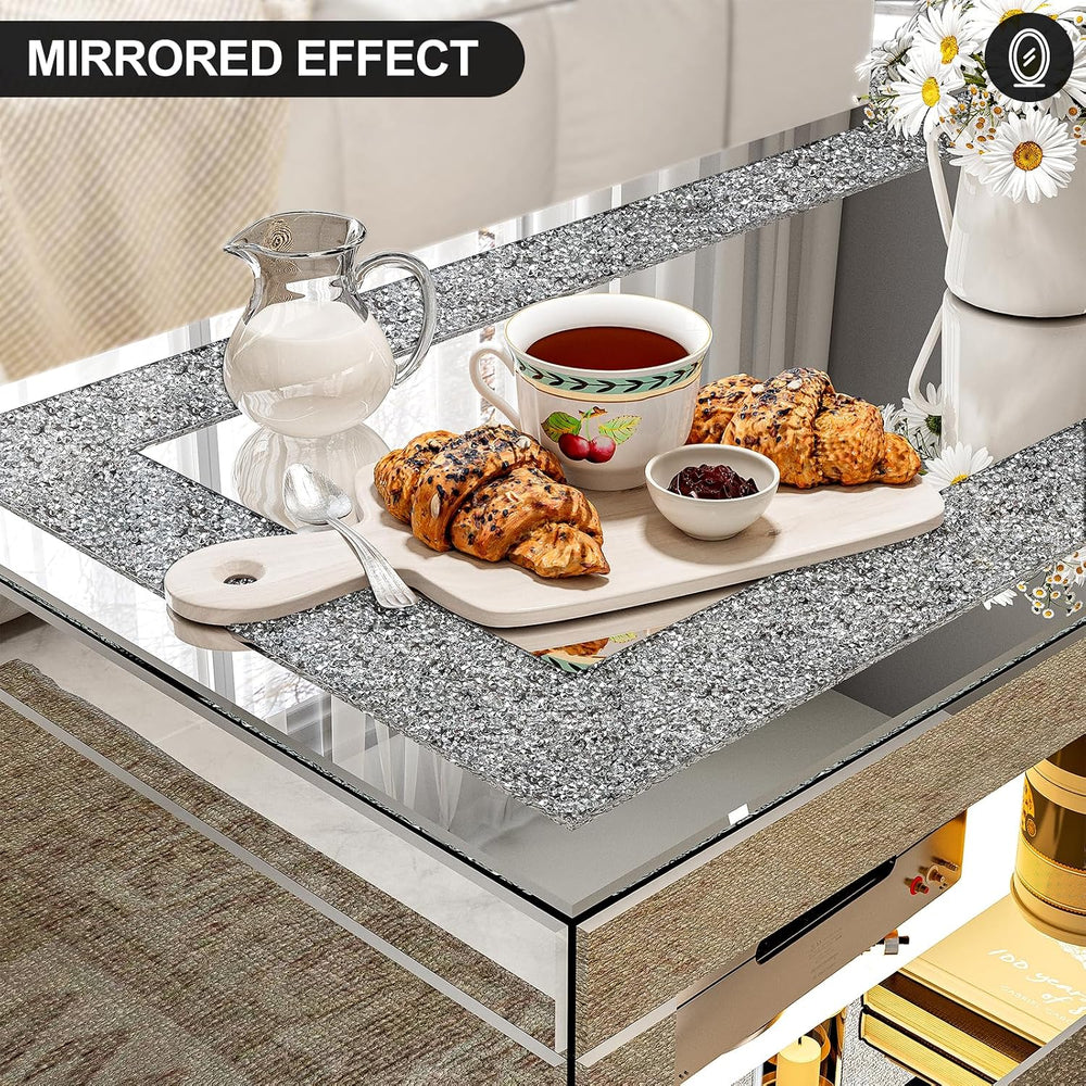 IKIFLY Mirrored Coffee Table with Mirror Crystal Board, Glass Rectangle End T...