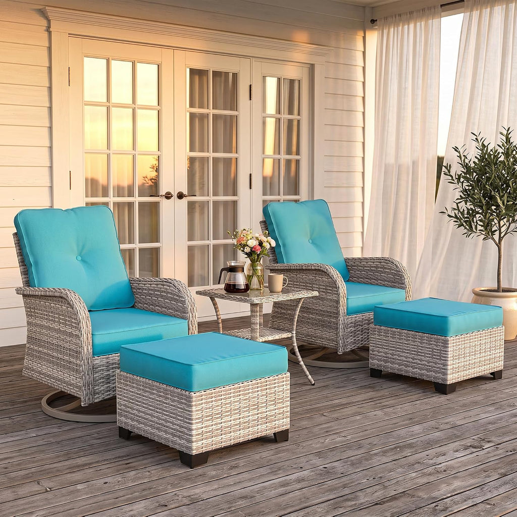 Outdoor Patio Furniture Set Patio Rocking Swivel Chair with Ottomans Outdoor Wicker Rattan Bistro Set with Tempered Glass Side Table for Garden, Deck, and Balcony, Turquoise