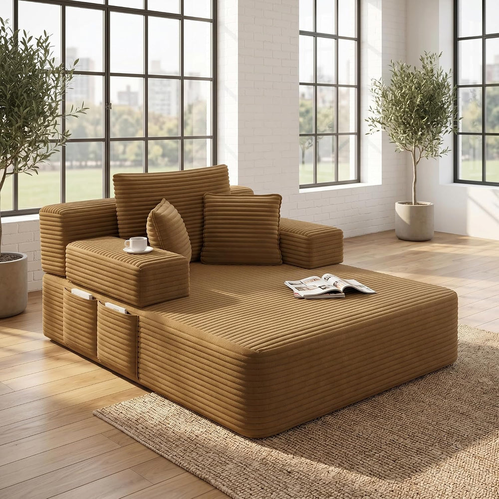 61 inch Floor Chaise Lounge Chair Indoor, Oversized Corduroy Lounge, Deep Sea...