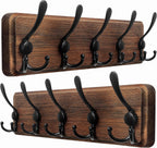 Dseap Coat Rack Wall Mounted - 5 Tri Hooks, Heavy Duty, Wooden Wall Coat Hanger Coat Hook for Clothes Hat Jacket Clothing, Natural & Black, 2 Packs