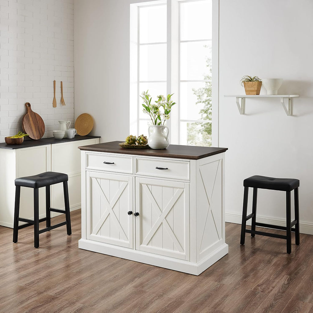 Crosley Furniture Clifton Kitchen Storage Island, Microwave Stand, Coffee Bar and Set of 2 Upholstered Saddle Stools, Distressed White/Black
