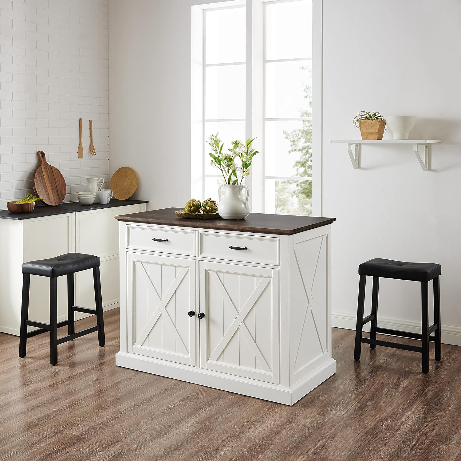 Crosley Furniture Clifton Kitchen Storage Island, Microwave Stand, Coffee Bar and Set of 2 Upholstered Saddle Stools, Distressed White/Black