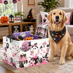 Clastyle Pink Halloween Spooky Basket Stuffers Nursery Kid Room Spide Bat Ghost Pumpkin Boo Basket Clothes Book Toy Storage Bin Box for Shelves, Cauldron, 40 * 30 * 30 cm
