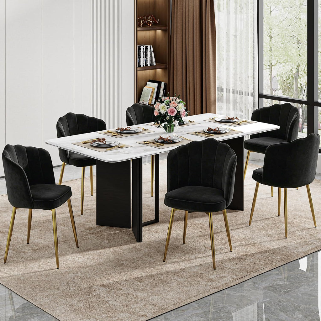 VECELO Velvet Dining Chairs Set of 6, Modern Upholstered Kitchen Chairs with Thick Cushions, Curved Padded Backrest and Metal Legs, for Kitchen, Dining Room, Living Room, Black