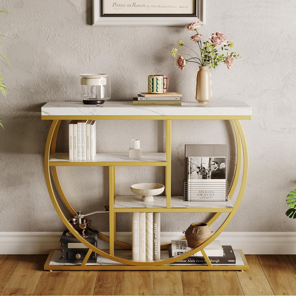Garvee Entryway Table with Storage, Industrial 4-Tier Narrow Console Table Behind Couch with Half-Circle Base & Storage Shelves for Living Room, Hallway, Foyer