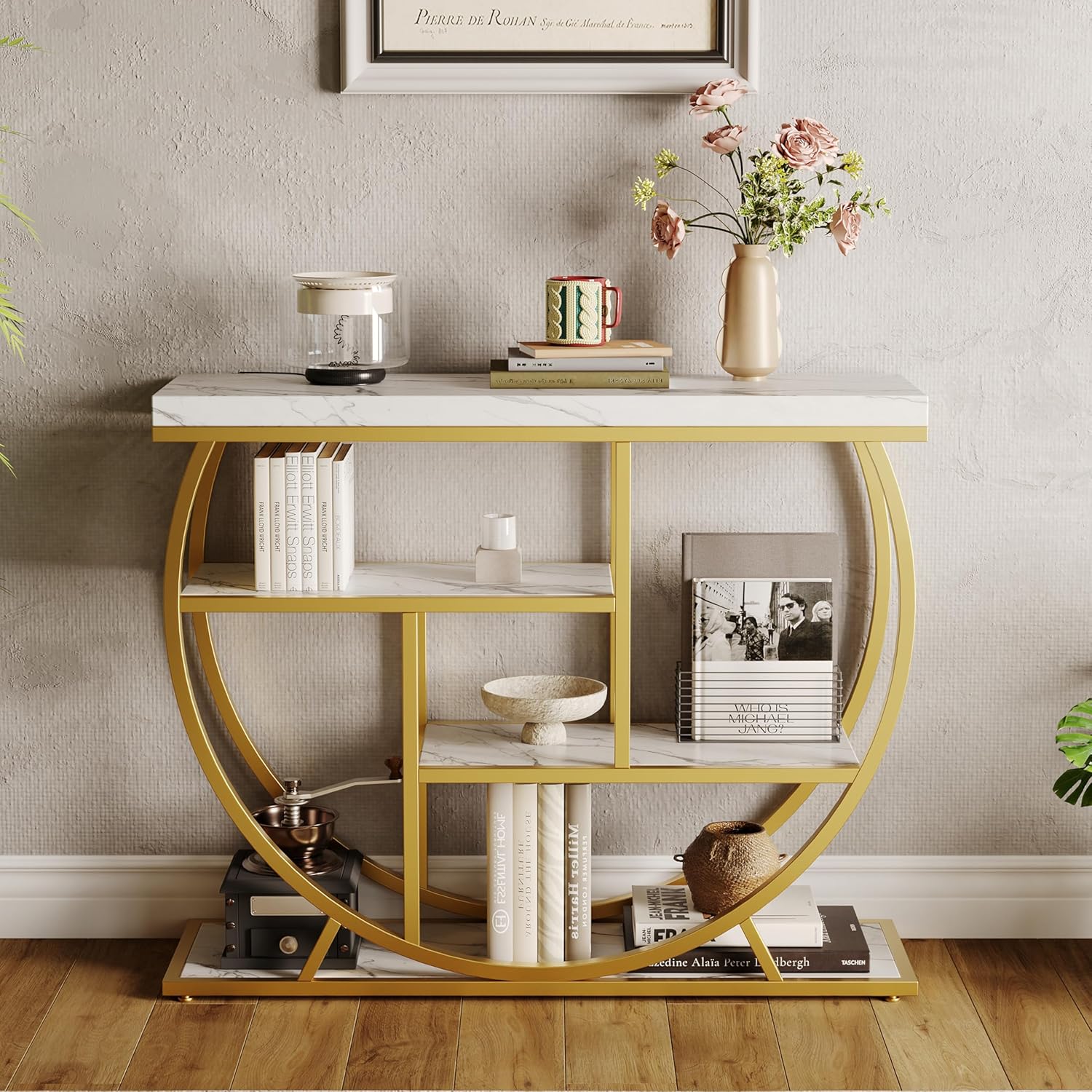 Garvee Entryway Table with Storage, Industrial 4-Tier Narrow Console Table Behind Couch with Half-Circle Base & Storage Shelves for Living Room, Hallway, Foyer