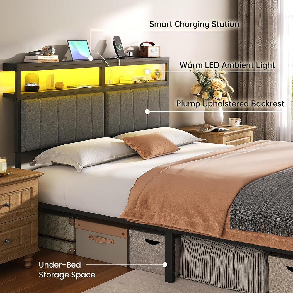 Queen Bed Frame with Storage Drawers and Charging Station, Grey