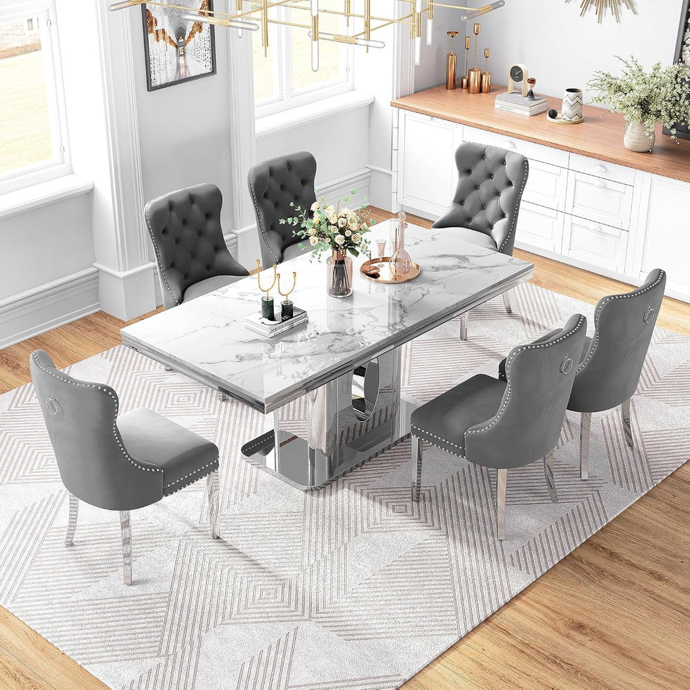 AF ARTISAN FURNITURE 7 Piece White Marble Dining Table, 70'' Rectangl...