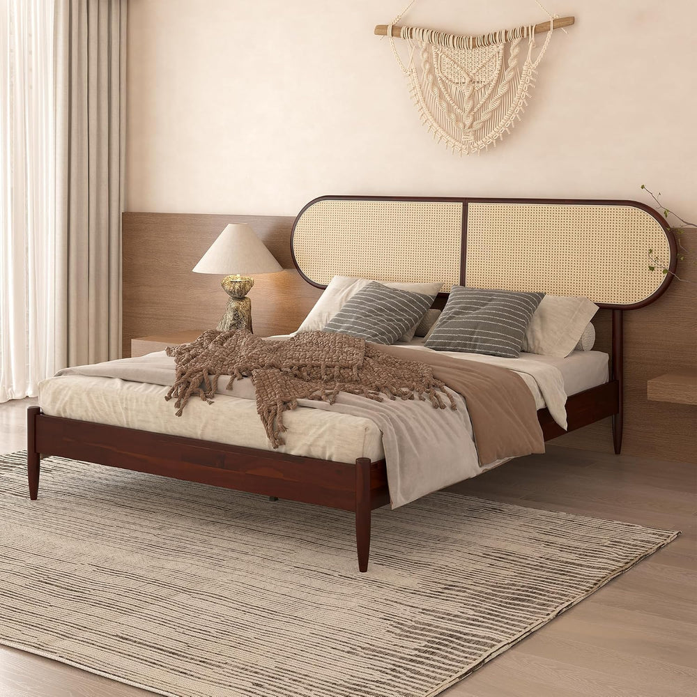 Queen Size Solid Wood Bed Frame, Rattan Boho Headboard, Dark Walnut