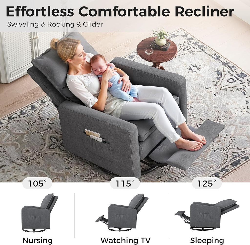 Swivel Glider Recliner for Adult Indoor Upholstered Lounge Nursery Chair Single Sofa with Side Pockets for Living Room Bedroom
