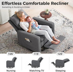 Swivel Glider Recliner for Adult Indoor Upholstered Lounge Nursery Chair Single Sofa with Side Pockets for Living Room Bedroom