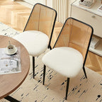 Dining Chairs Set of 2, Modern Mid Century Rattan Accent Chairs Curved Backrest Kitchen Side Chairs Woven Living Room Chairs Upholstered Boucle for Small Spaces, Apartment