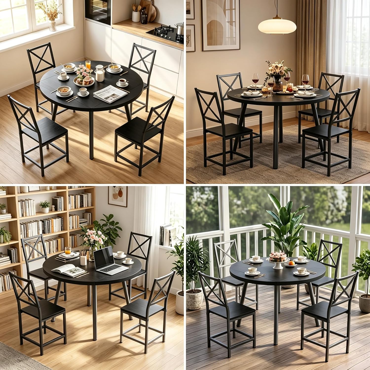 IRONCK Round Dining Table Set for 4, Extendable Kitchen Table with 4 Chairs, 44.5" Drop Leaf Desk, Folding for Small Space, Apartment, Black