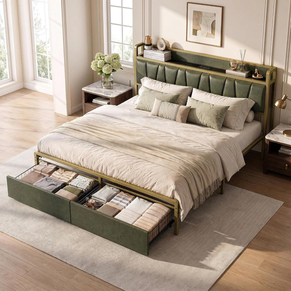 LIKIMIO King Size Bed Frame with 2 Drawers and Charging Station