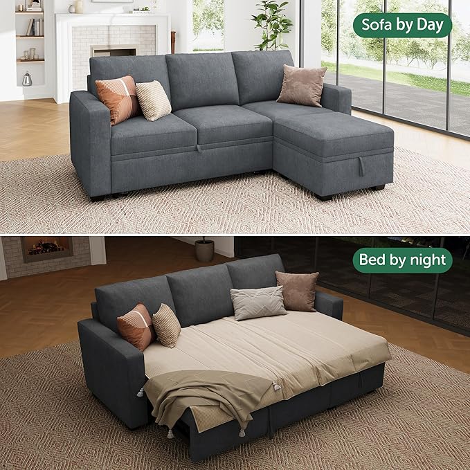 HONBAY Modular Sectional Sleeper Sofa with Pull Out Bed, L Shaped Sofa with Storage, Modular Sectional Couches for Living Room, Bluish Grey
