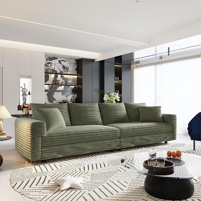KEIKI 102.4" Sectional Couches, Modern Comfy Upholstered Sofa Cloud Couch, Deep Seat 4 Seat Sofa Set with Soft Pillows and Movable Ottoman for Living Room, Apartment, Office, Green