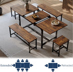 Tatub 5-Piece Dining Table Set for 4-8, 63" Extendable Dining Room Table with 2 Benches and 2 Square Stools, Space Saving Rectangle Kitchen Table Set for Breakfast Nook and Small Space,Brown