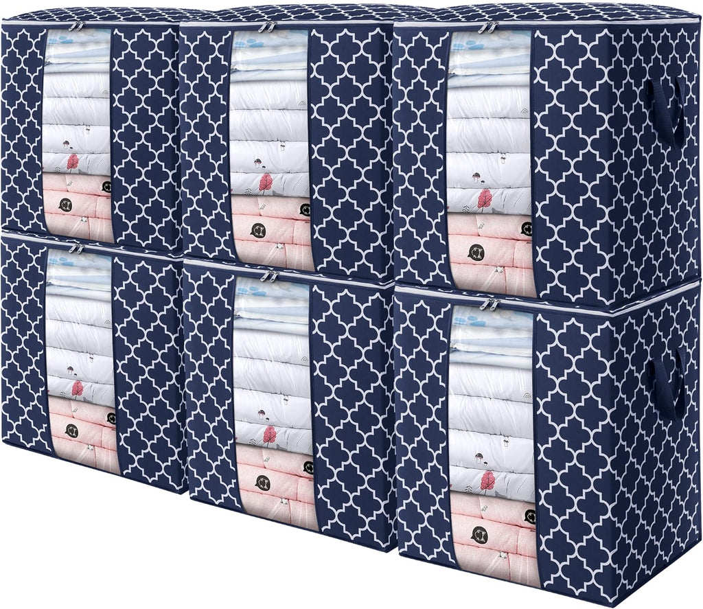 WISELIFE Storage Bags 6 Pack/100L Large Blanket Clothes Organization and Storage Containers for Comforters,Bedding, Foldable Organizer with Reinforced Handle, Clear Window, Sturdy Zippers,Blue