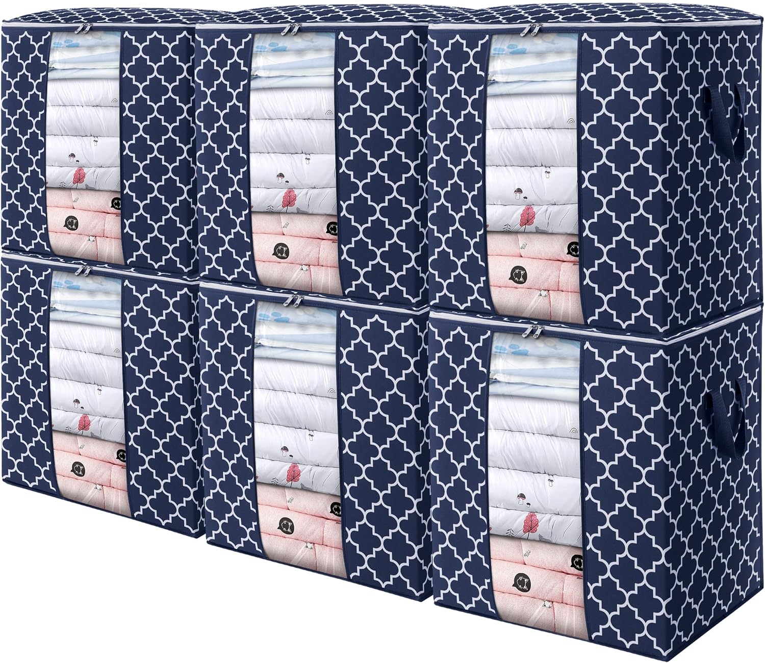 WISELIFE Storage Bags 6 Pack/100L Large Blanket Clothes Organization and Storage Containers for Comforters,Bedding, Foldable Organizer with Reinforced Handle, Clear Window, Sturdy Zippers,Blue