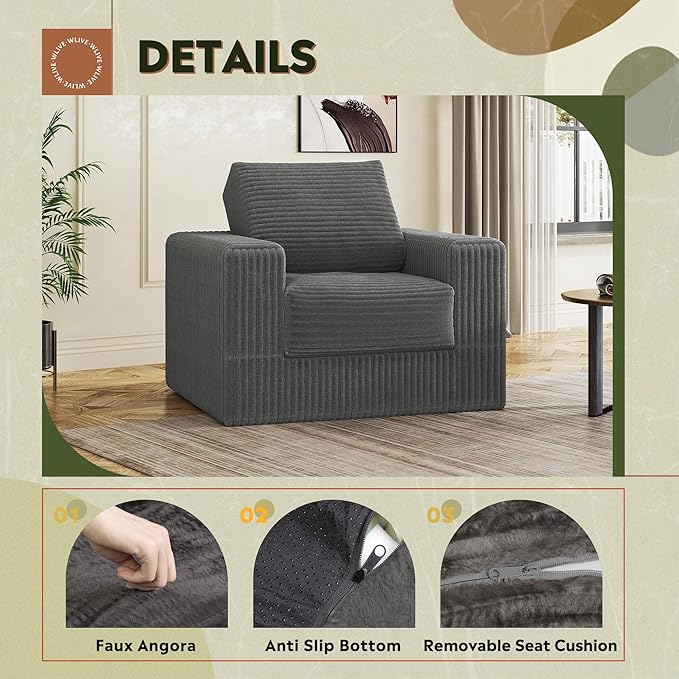 WLIVE Compact Bean Bag Chair, Single Foam Couch Chair, for Dorm Bedroom Kids Playroom, Teen Adult, Gray