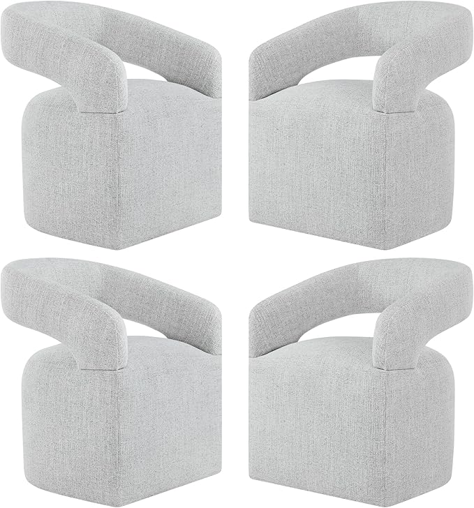 Upholstered Dining Chairs with Casters, Modern Barrel Side Armchair with Rollers for Dining Room, Bedroom, Kitchen, Reading Room, Light Gary, Set of 4
