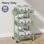 YASONIC 3 Tier Rolling Cart – Metal Utility Storage Carts with Wheels, Craft Carts Organizer with Hanging Cups, Hooks, Mesh Basket for Bedside Kitchen Office Art, Green