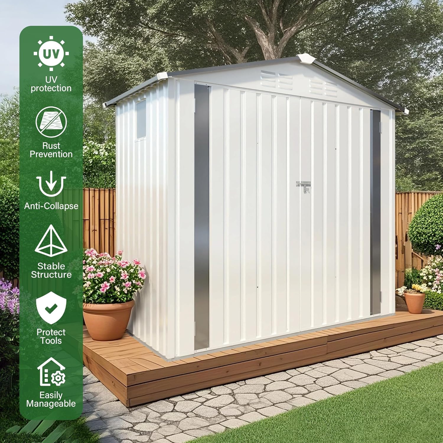 Metal Storage Shed, 6X3.6 FT Lockable Outdoor Tool Shed with Air Vent and Clear Windows, Galvanized Steel Garden Shed for Backyard, Patio, Garden, Bike Storage or Outdoor Use, White