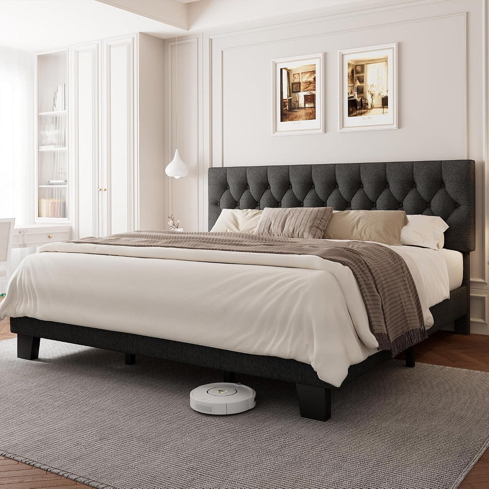 Einhomn King Size Upholstered Bed Frame with Headboard, Tufted Button Linen B...