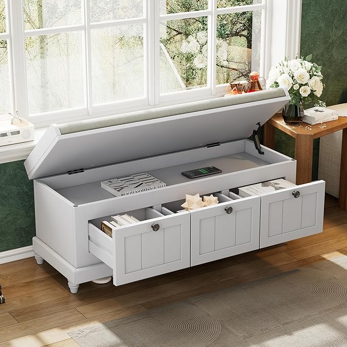 Merax Classic Storage Bench with Cushioned Seat and Three Drawers for Entryway & Living Room & Bedroom, Light Gray
