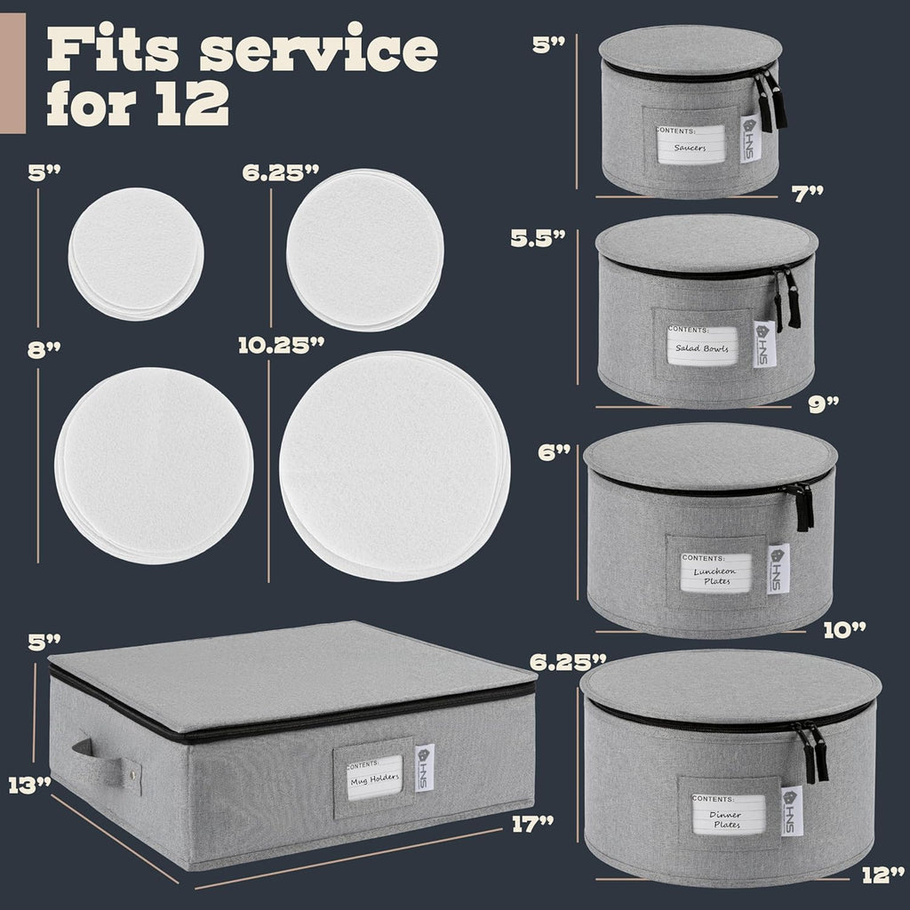 Hard Shell China Storage Containers 5-Piece Set Moving Boxes for Dinnerware, Glasses, Plates, Mugs and Saucers Sturdy Dish Organizer with Dividers for Seasonal Storage - Service for 12 - Gray